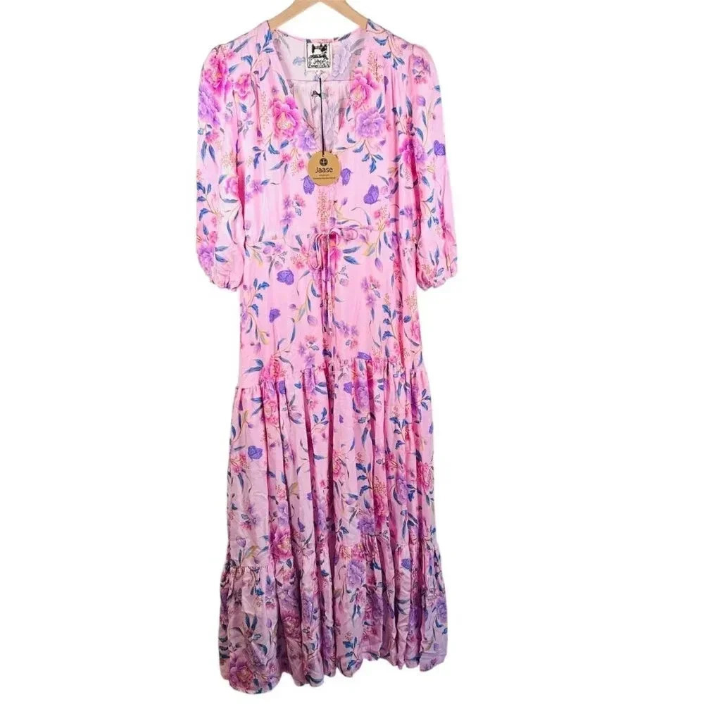 JAASE Tessa Maxi Dress Size Medium Ruffle Cottagecore Tiered 3/4 Sleeve Pink